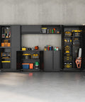71 Inch Tall Metal Garage Storage Cabinet On Wheels With Locking Door Beefy Heavy Duty Steel Construction Powder Coated Broom Cabinet Organizer For Home Garage And Shop shown open in garage