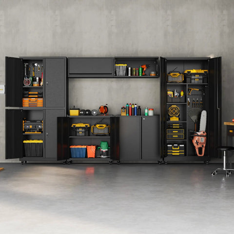 71 Inch Tall Metal Garage Storage Cabinet On Wheels With Locking Door Beefy Heavy Duty Steel Construction Powder Coated Broom Cabinet Organizer For Home Garage And Shop shown open in garage
