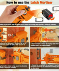 Guide on using latch mortiser with hinge jig for doors, showing step-by-step latch placement for DIY door installation.