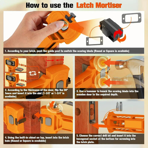 Guide on using latch mortiser with hinge jig for doors, showing step-by-step latch placement for DIY door installation.