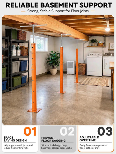 Rock Solid Adjustable House Floor Jacks 4 Pack 19 To 36 Inch Lift Range Heavy Duty Screw Stands 18000 Lbs Weight Limit in a basement for structural support.