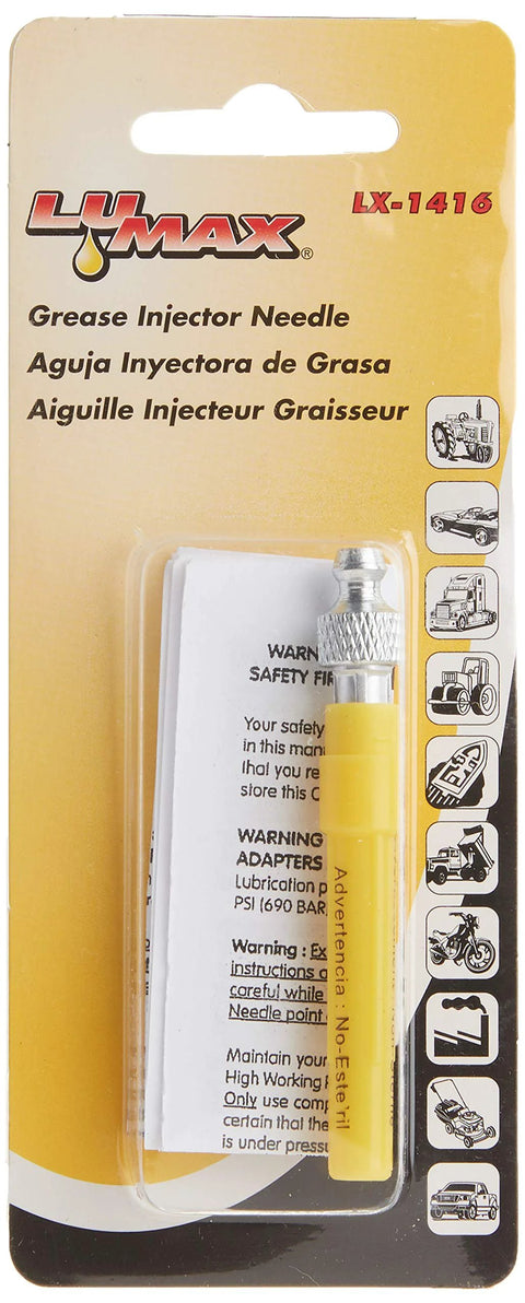 LUMAX LX-1416 grease injector needle with cap; silver 18G stainless steel, 2.5 in long, in blister pack.