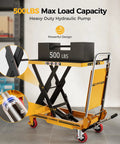 CAMMOO foldable hydraulic lift table cart, 500 lb capacity, yellow with black scissor frame and non-slip platform.