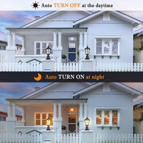 Hardwired 120V Dusk To Dawn Outdoor Post Light Black Roman Aluminum Pole Lamp with auto day-night sensor on house porch