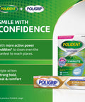 Polident and Poligrip denture care products for strong hold, seal, and comfort with active power bubbles
