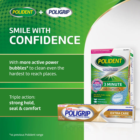 Polident and Poligrip denture care products for strong hold, seal, and comfort with active power bubbles