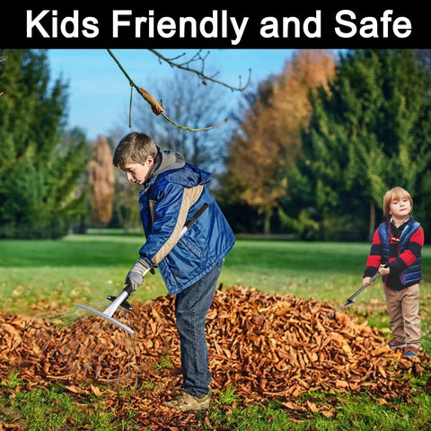 Kids using Adjustable Garden Leaf Rake 24 To 63 Inch Telescopic Metal Rake No Hassle Multipurpose Expandable Folding Leaves Yard Rake.