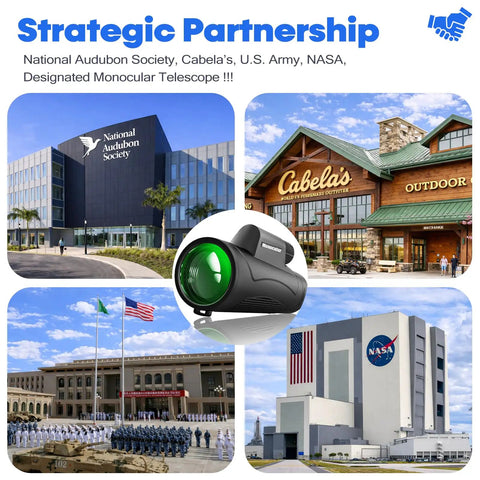 Ultra Clear 80x100 Monocular Telescope Kit with 50mm Objective Lens, strategic partners include Audubon, Cabela’s, NASA, and U.S. Army.