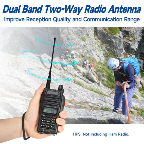 Person holding 6 Inch Dual Band VHF UHF Antenna for Handheld Ham Radios, SMA Female Connector, as climber ascends rocky slope.