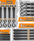 Four Pack Heavy Duty Ratchet Straps Deliver Lockdown Tight Tie Downs For Secure Trailer Hauling 2100 Pound Breaking Strength With Tough As Nails Reinforced Black Webbing And Reliable S Hooks, includes 15ft straps and soft loops.
