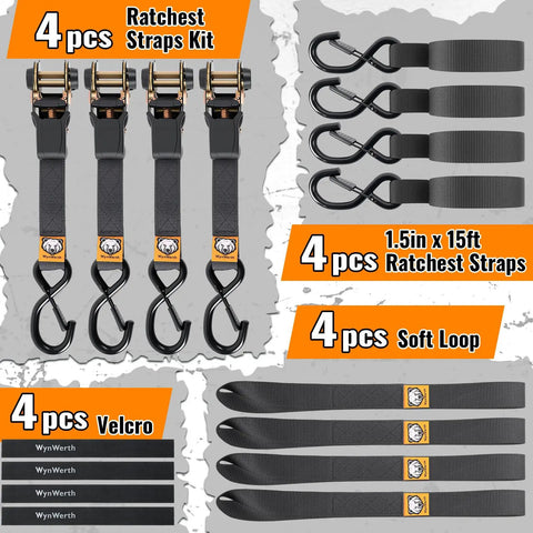 Four Pack Heavy Duty Ratchet Straps Deliver Lockdown Tight Tie Downs For Secure Trailer Hauling 2100 Pound Breaking Strength With Tough As Nails Reinforced Black Webbing And Reliable S Hooks, includes 15ft straps and soft loops.