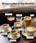 Top Shelf Automatic Espresso Machine With Built In Grinder And Rapid Milk Frother One Button Control Brew Dope Cappuccino Latte Or Bold Americano coffee drinks on display.