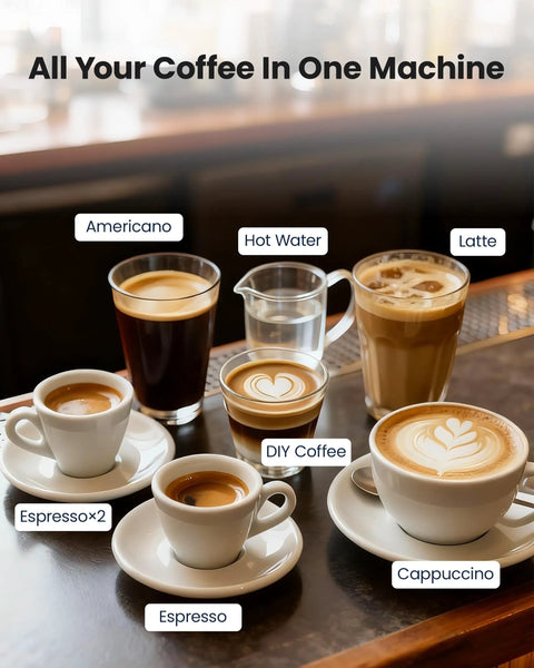 Top Shelf Automatic Espresso Machine With Built In Grinder And Rapid Milk Frother One Button Control Brew Dope Cappuccino Latte Or Bold Americano coffee drinks on display.