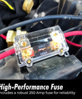 0, 2, 4 Gauge AWG Inline ANL Fuse Holder With 250 Amp Fuse For Automotive Use installed on vehicle electrical system