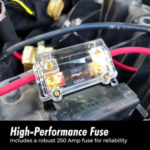 0, 2, 4 Gauge AWG Inline ANL Fuse Holder With 250 Amp Fuse For Automotive Use installed on vehicle electrical system