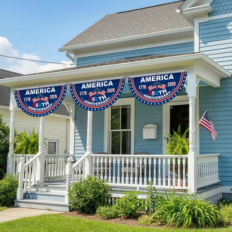 250th Anniversary American Flag Bunting Set, Two Pieces 1.5 By 3 Feet, 1776 To 2026 Patriotic Banner on porch