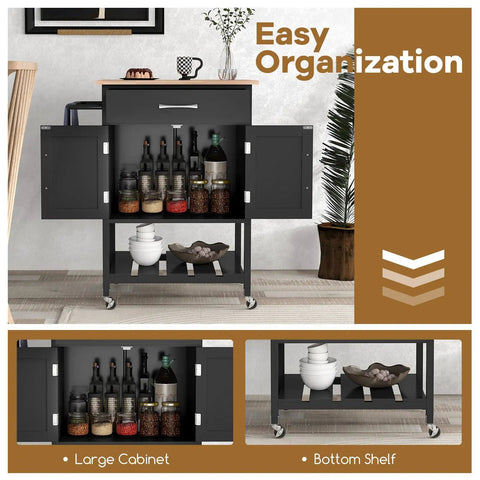 Real Deal Rubberwood Kitchen Island Cart On Wheels With Heavy Duty Casters And Wide Drawer Designed As A Versatile Coffee Bar Or Utility Stand That Brings Casual Vibes To Your Room Without Any Fuss In Classic Black