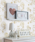 Gold And White Floral Peel And Stick Wallpaper Self Adhesive Removable Covering For Bedroom 393x17.3 Inches Vinyl Roll on wall