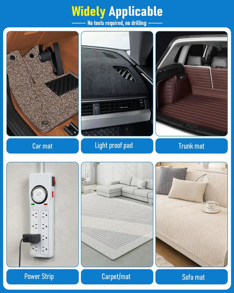 Heavy Duty Adhesive Hook And Loop Strips That Totally Crush It For Indoor Outdoor Wall Mounts With Industrial Strength Waterproof Hold on car mat, light proof pad, trunk mat, power strip, carpet, and sofa mat.
