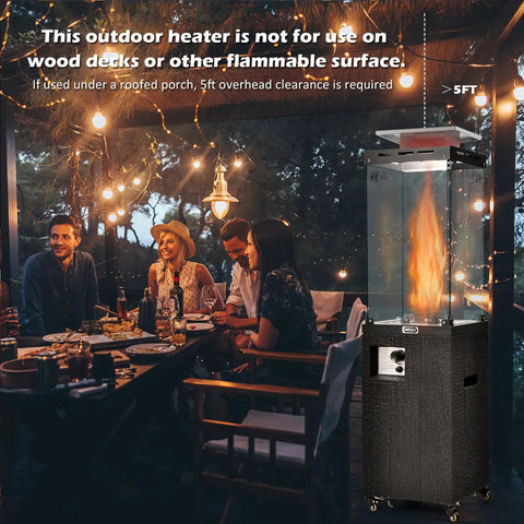 Beast 41,000 BTU Propane Patio Heater with Weatherproof Cover and Glass Tube beside outdoor dining group.