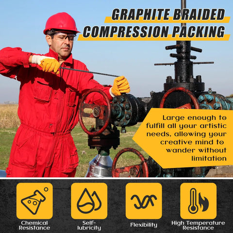 Graphite braided compression packing banner; industrial scene with a worker in red coveralls adjusting a valve.
