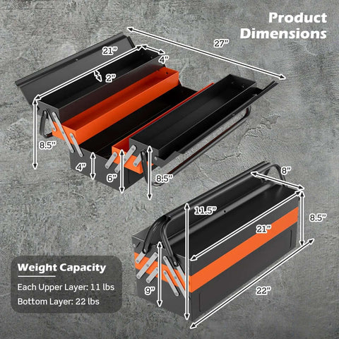 Illustration showing dimensions of the 22-Inch Cantilever Tool Box With 5 Trays And 3 Layers, highlighting compact steel design.