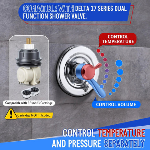 Slick Chrome Metal Lever Handle Kit For Delta 17 Shower Valve Swap, showing temperature and volume control features.
