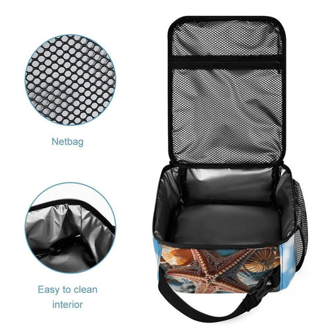 Interior view of Colorful Starfish Beach Lunch Box Insulated Tote With Side Pocket, showing net pocket and easy-to-clean lining.