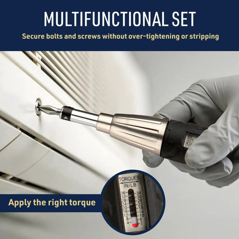 Close-up of Torque Screwdriver Set With 28 SAE Bits And One Quarter Inch Drive Hardshell Case Adjustable 2 To 36 Inch Pound Torque Wrench used in repair.