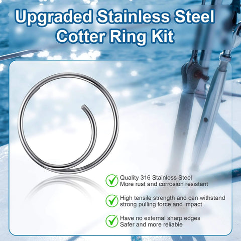 66 Piece Stainless Steel Cotter Ring Kit In 5 Sizes With 316 Grade Pins For Clevis And Hitch Pins, displayed with marine background.
