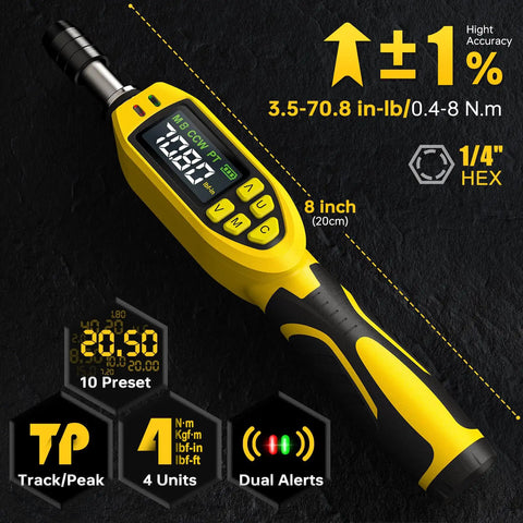 Close-up of Pro Grade Digital Torque Screwdriver Kit With Three Point Five To Seventy Point Eight Inch Pound Range And One Percent Accuracy For Bike Repair Electronics And Scope Mounting With Buzzer And LED Alerts Plus S2 Bits showing 8-inch length and LED display.