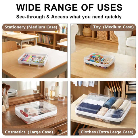 Sleek Badass Clear Hard Shell Zipper Storage Cases 3 Pack Medium Large Extra Large for stationery, toys, cosmetics, and clothes.