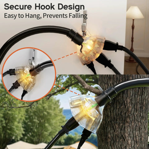Three Outlet Outdoor Extension Cord 25 Ft 16 AWG 3 Conductor With Indicator Light Hook Design Waterproof SJTW ETL Listed shown on tree