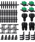 DIY Drip Irrigation Fittings Kit With 128 Pcs 3/4 Inch To 1/4 Inch Hose Adapters and green switch valves displayed
