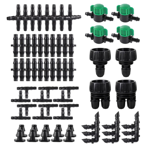 DIY Drip Irrigation Fittings Kit With 128 Pcs 3/4 Inch To 1/4 Inch Hose Adapters and green switch valves displayed
