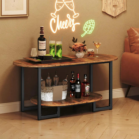 Oval Wood Coffee Table With Dual Open Storage Shelves Chill Farmhouse Vibe For Cozy Living Rooms And Home Offices Rustic Brown Finish Sturdy Base with bar setup and drinks