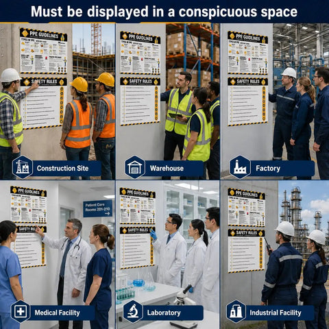 PPE Safety Posters Two Pack 17 By 24 Inch Workplace Safety Rules Signage displayed at various job sites including construction and factory.
