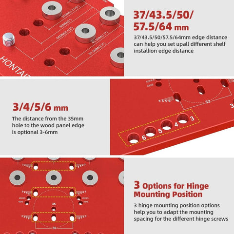 Close-up of Handy Dual Function Shelf Pin And Hinge Jig 2 In 1 With 11 Hole Template, showing measurements and hinge options.