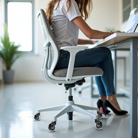 Side view of chair with 10x22mm Transparent 3 Inch Office Chair Casters Set Of 5 For Hardwood Floors Replacement Wheels installed