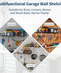 2 Pack Heavy Duty Wall Shelves For Garage And Home Mounts Steel Floating Shelves With Mesh Rack 80 Lb Total Load 40 Lb Per Shelf Ideal For Garage Office Basement Kitchen Storage on different wall types with tools and supplies