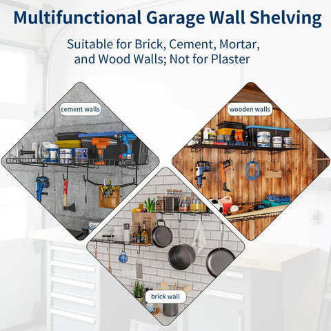 2 Pack Heavy Duty Wall Shelves For Garage And Home Mounts Steel Floating Shelves With Mesh Rack 80 Lb Total Load 40 Lb Per Shelf Ideal For Garage Office Basement Kitchen Storage on different wall types with tools and supplies