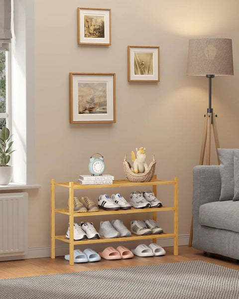 Solid Three Tier Bamboo Shoe Rack For Front Door Entryway Sweet Wooden Storage Organizer Ideal For Closets And Dorms Tight Footwear Holder That Snags Your Daily Kicks And Keeps Your Home Looking Fresh And Sharp