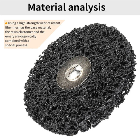 Durable 4 Inch Abrasive Strip Wheels With 6MM Shank For Drill Bit, showing high-strength fiber mesh for heavy duty cleaning.