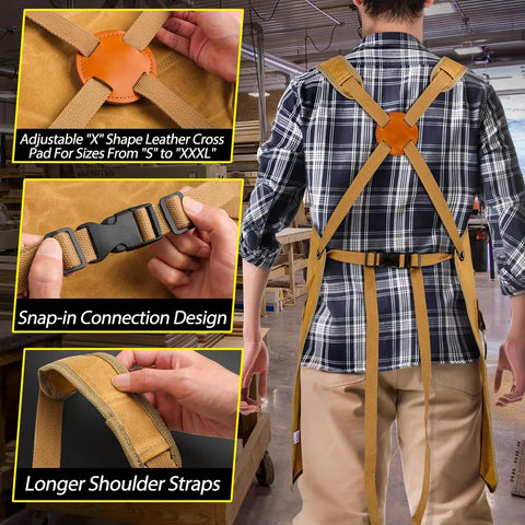 Back view of Tough As Nails 20 Oz Waxed Canvas Woodworking Apron showing adjustable straps, snap-in design, and cross leather pad.