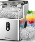 Top Tier Countertop Nugget Ice Maker Churns Out 35 Pounds Of Chewable Pebble Ice In Just Seven Minutes With Self Cleaning Design And Removable Basket For Everyday Chill Sessions In Silver, displaying clear pebble ice.