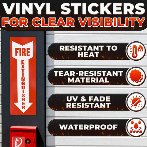 12 Pack High Visibility Fire Extinguisher Signs For Business 4 By 11.8 Inch Waterproof Vinyl Stickers showcasing features on wall