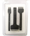 Pro Grade Three Piece Leather Stitching Chisel Set With Four Millimeter Diamond Prongs in plastic packaging