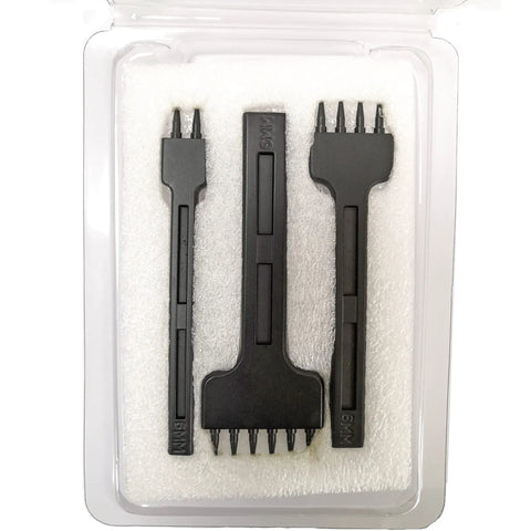 Pro Grade Three Piece Leather Stitching Chisel Set With Four Millimeter Diamond Prongs in plastic packaging