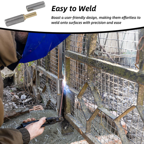 Person welding Tough And Reliable 10-Pack Weld-On Barrel Hinges For Heavy Duty Applications on metal gate outdoors.