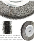 Close-up of a durable wire brush from the 6 Inch Silicon Carbide Bench Grinder Wheel With Half Inch Arbor And Durable Wire Brush, 120 Grit For Grinding, Polishing, Sharpening, Deburring, And Cleaning Drill Bits, Blades, And Knives In One Easy High Performance Setup, emphasizing bristles and structure.